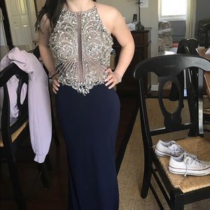 Navy blue and silver prom dress